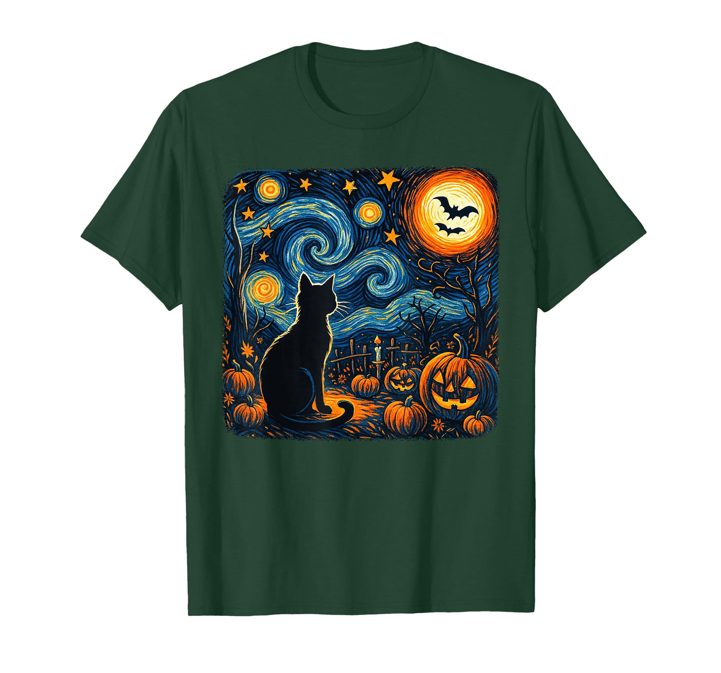 Halloween Black Cat Van Gogh Starry Night Cat Lovers Cat T-Shirt