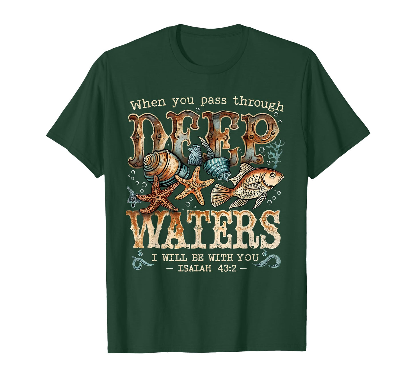 Deep Waters Isaiah 43:2 Bible Ocean Fish Scene T-Shirt