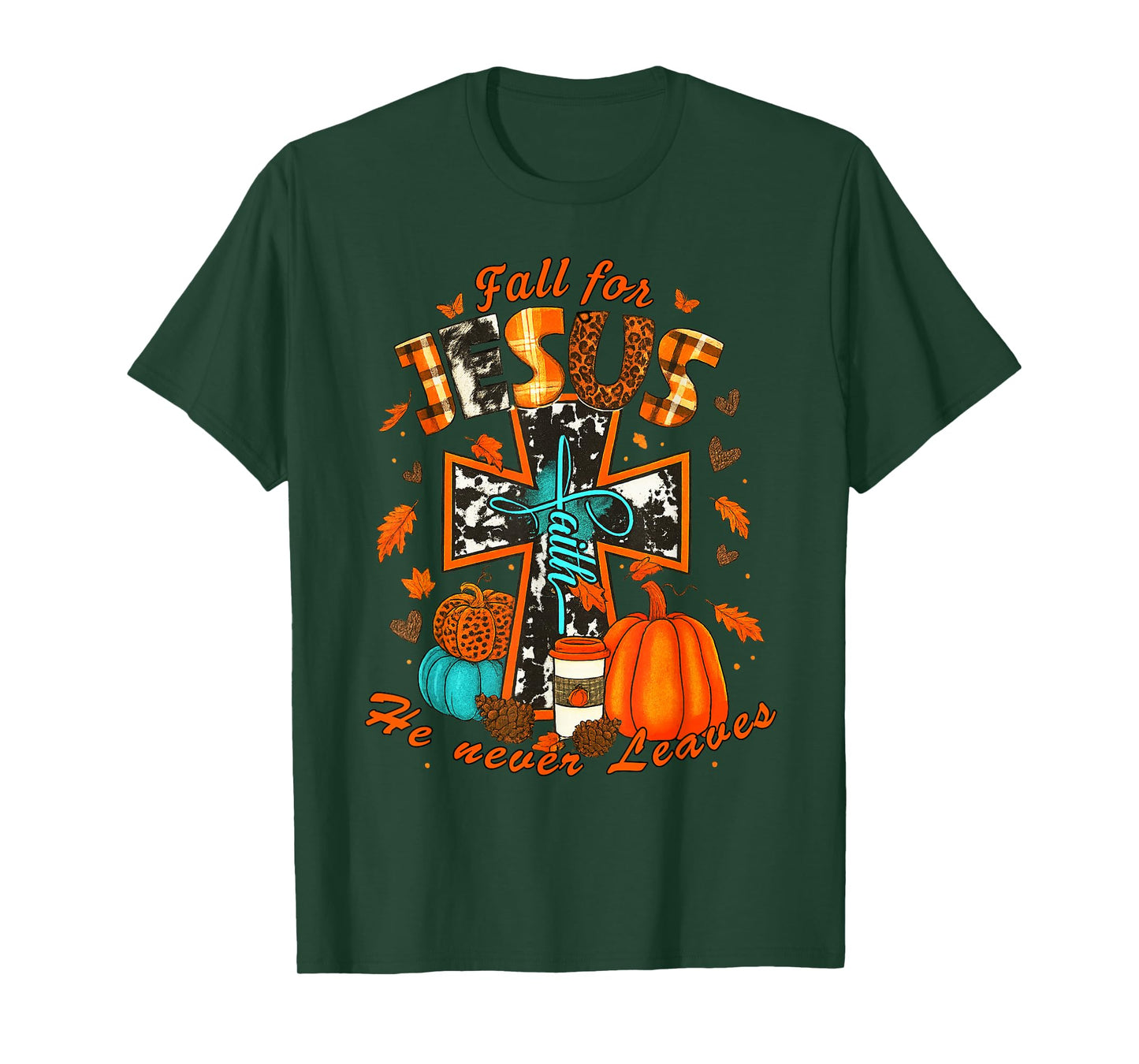 Fall for Jesus He Never Leaves Cross Faith Pumpkin Leopard T-Shirt