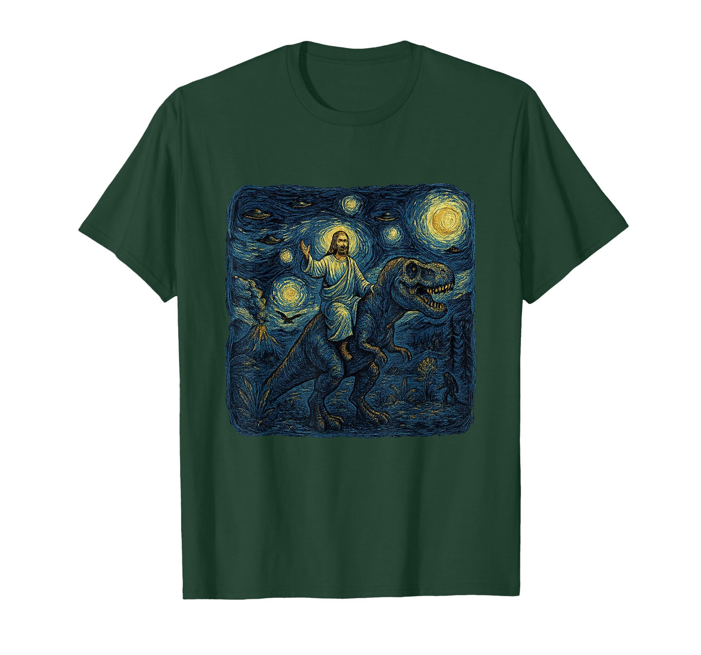 Jesus Riding Dinosaur Starry Night Funny Men Women UFOs T-Shirt