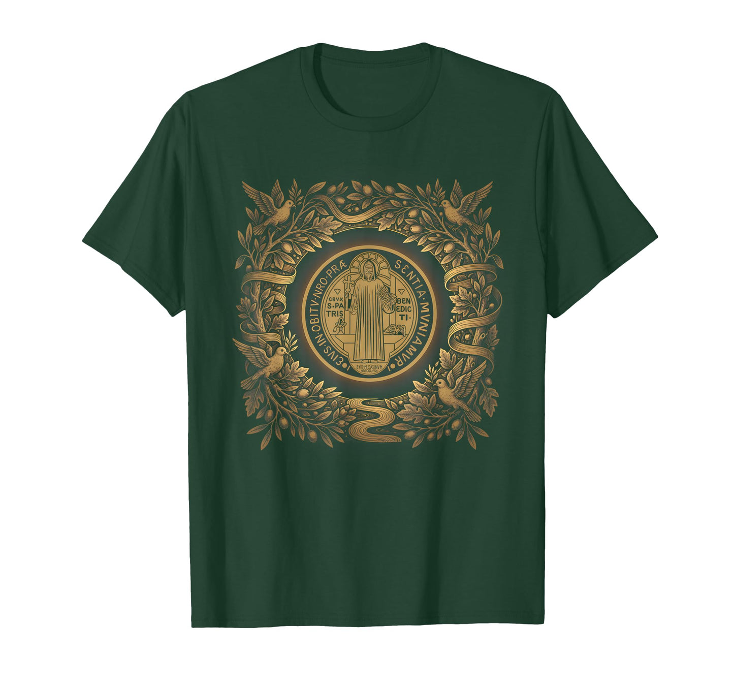 Sacred Saint Benedict Medal Dove Olive Wreath Design T-Shirt
