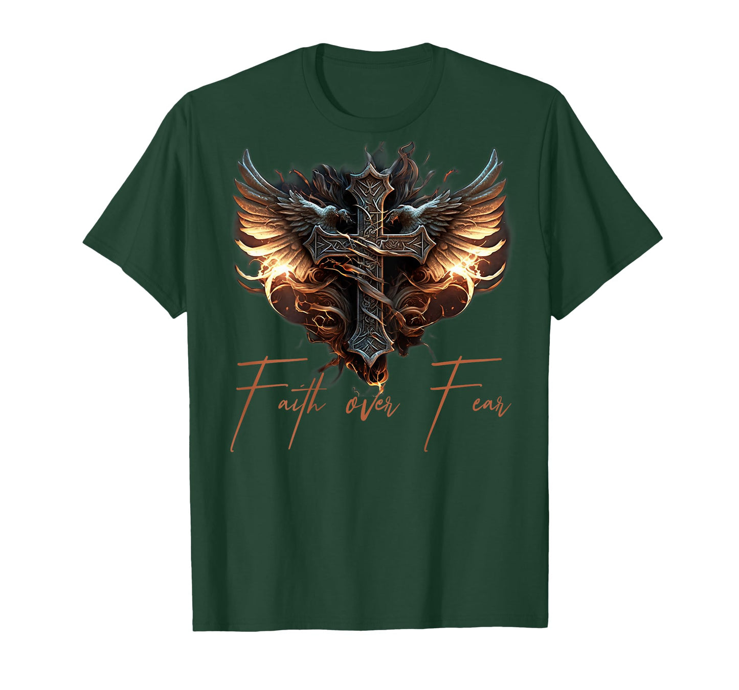 Biker Angel Wings Christian Cross Faith Over Fear - On Back T-Shirt