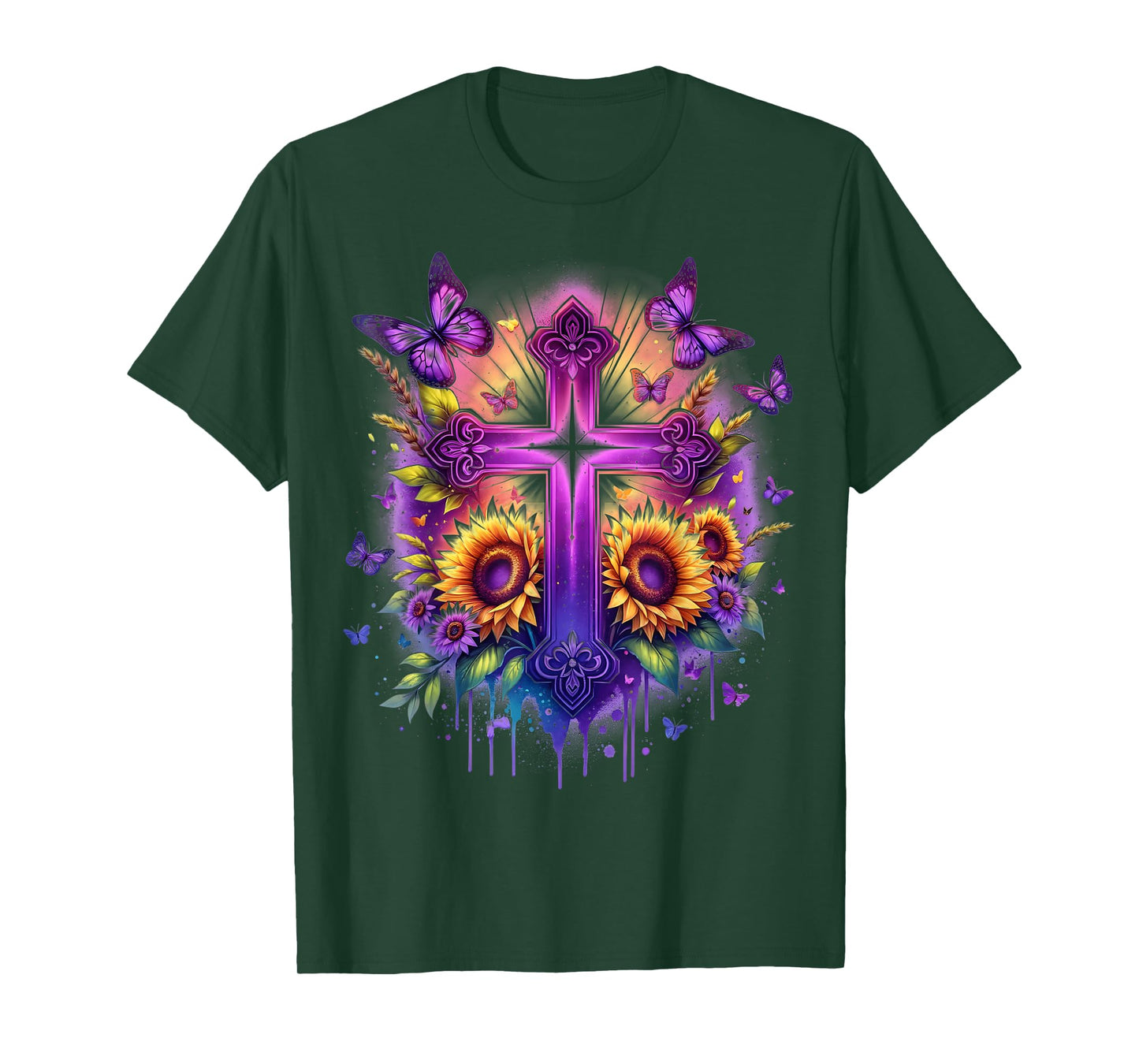 Vintage Faith Cross Sunflower Butterflies Flowers Christians T-Shirt