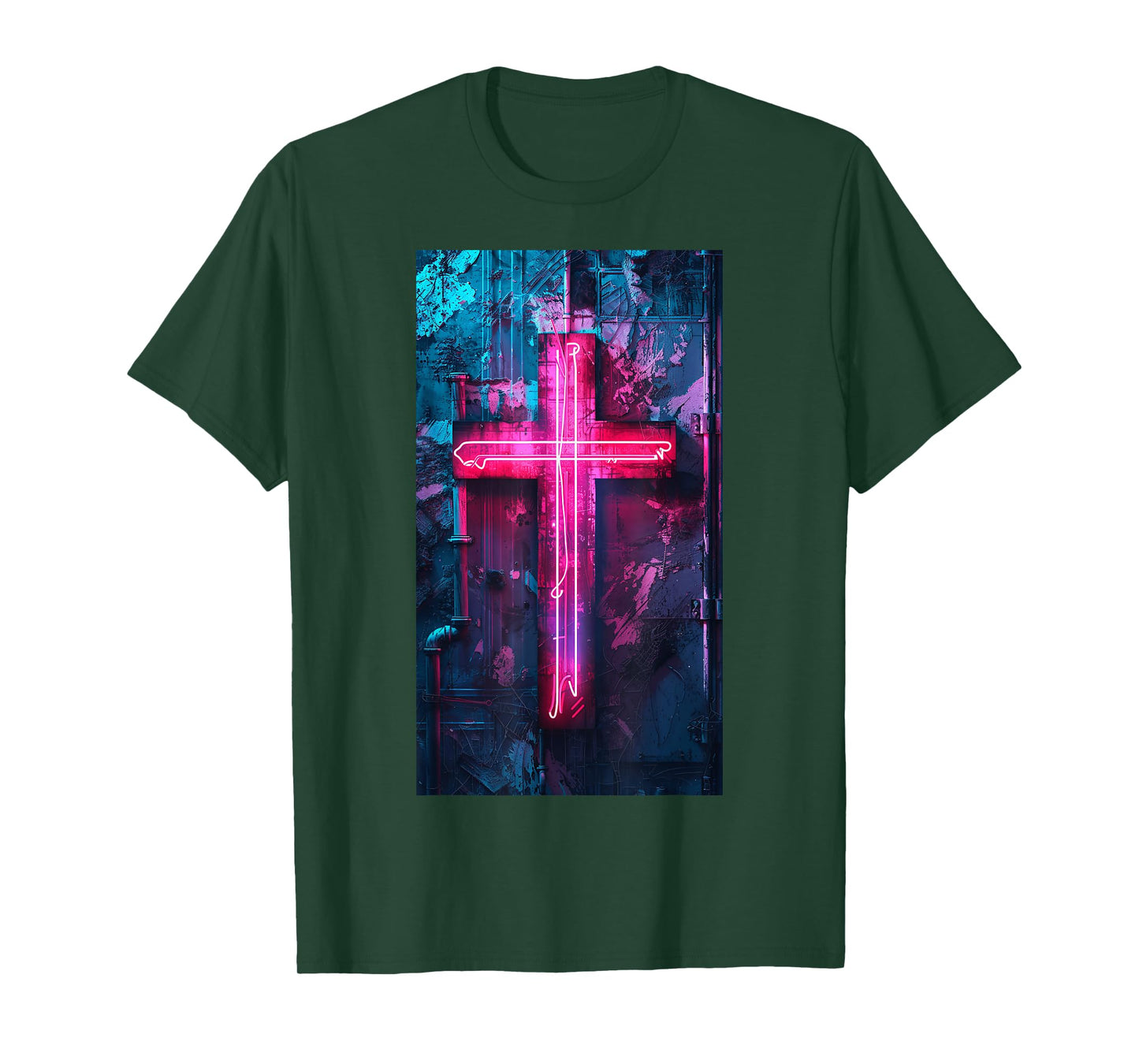 Neon Gothic Cross Neon cross Religious Cyberpunk T-Shirt