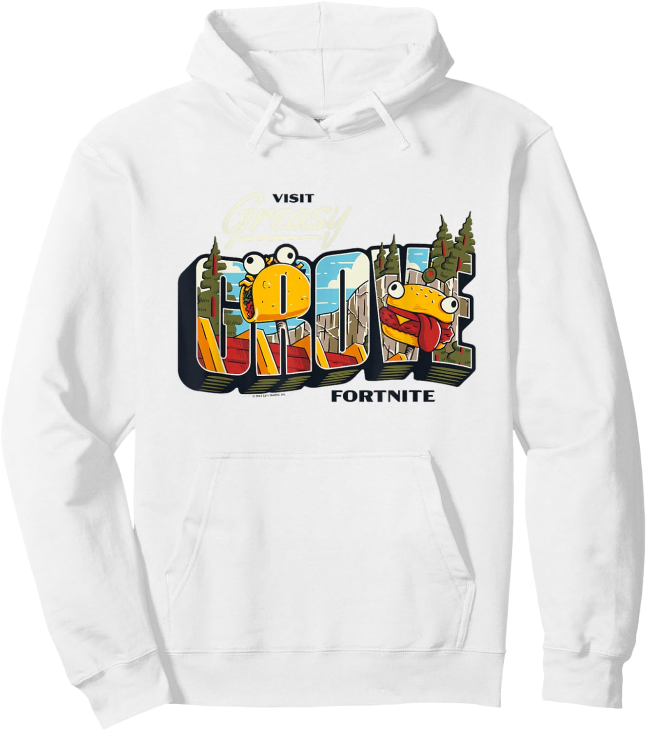Fortnite Visit Greasy Grove Burr Burger Big Chest Poster Hoodie - Hoodie | White