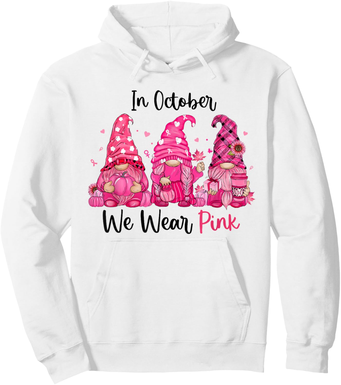In October We Wear Pink Cute Gnomes Breast Cancer Awareness Hoodie - Hoodie | White