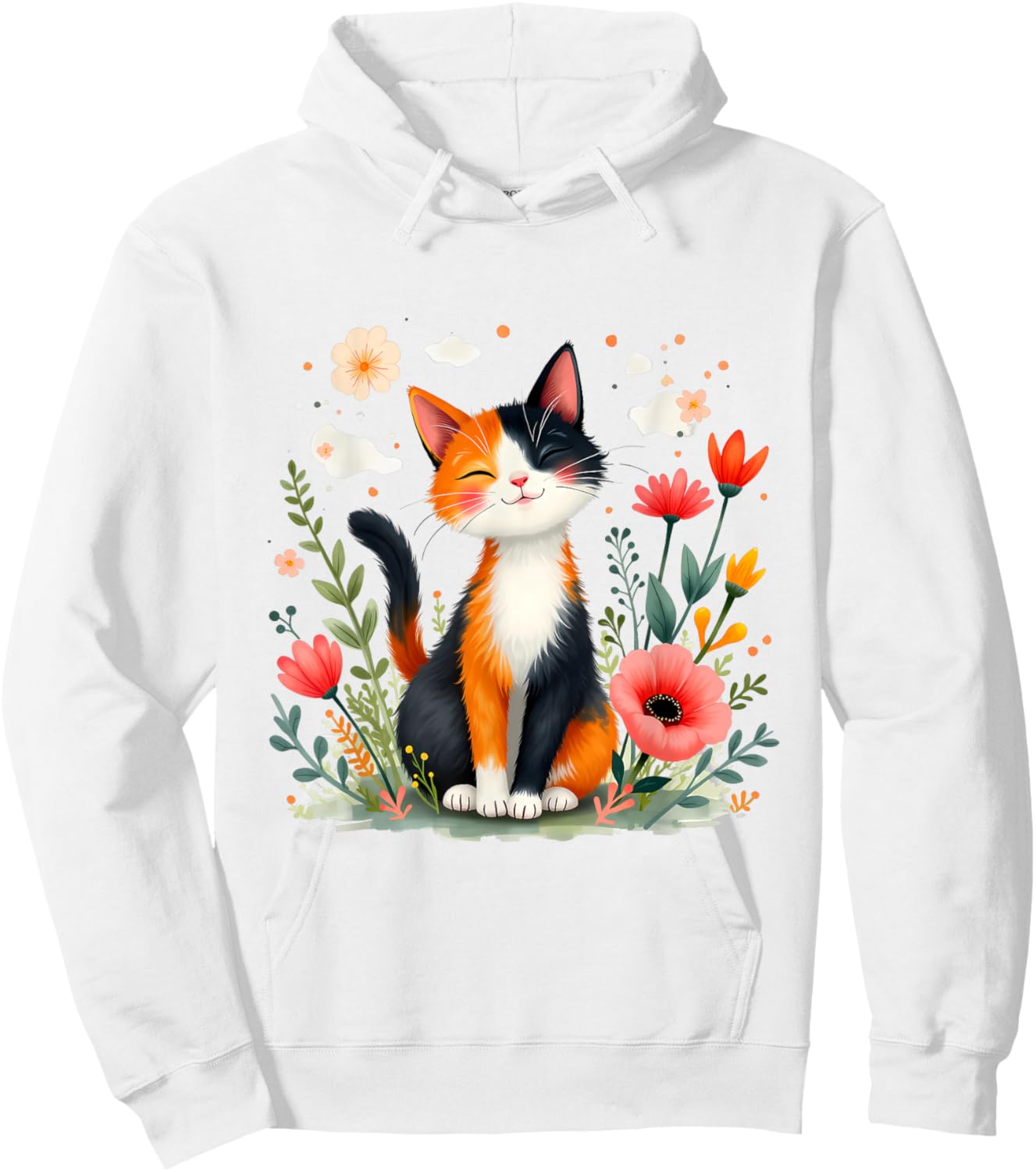 Smiling Calico Cat Cute Floral Kitten Cartoon Kitty Outdoors Hoodie - Hoodie | White