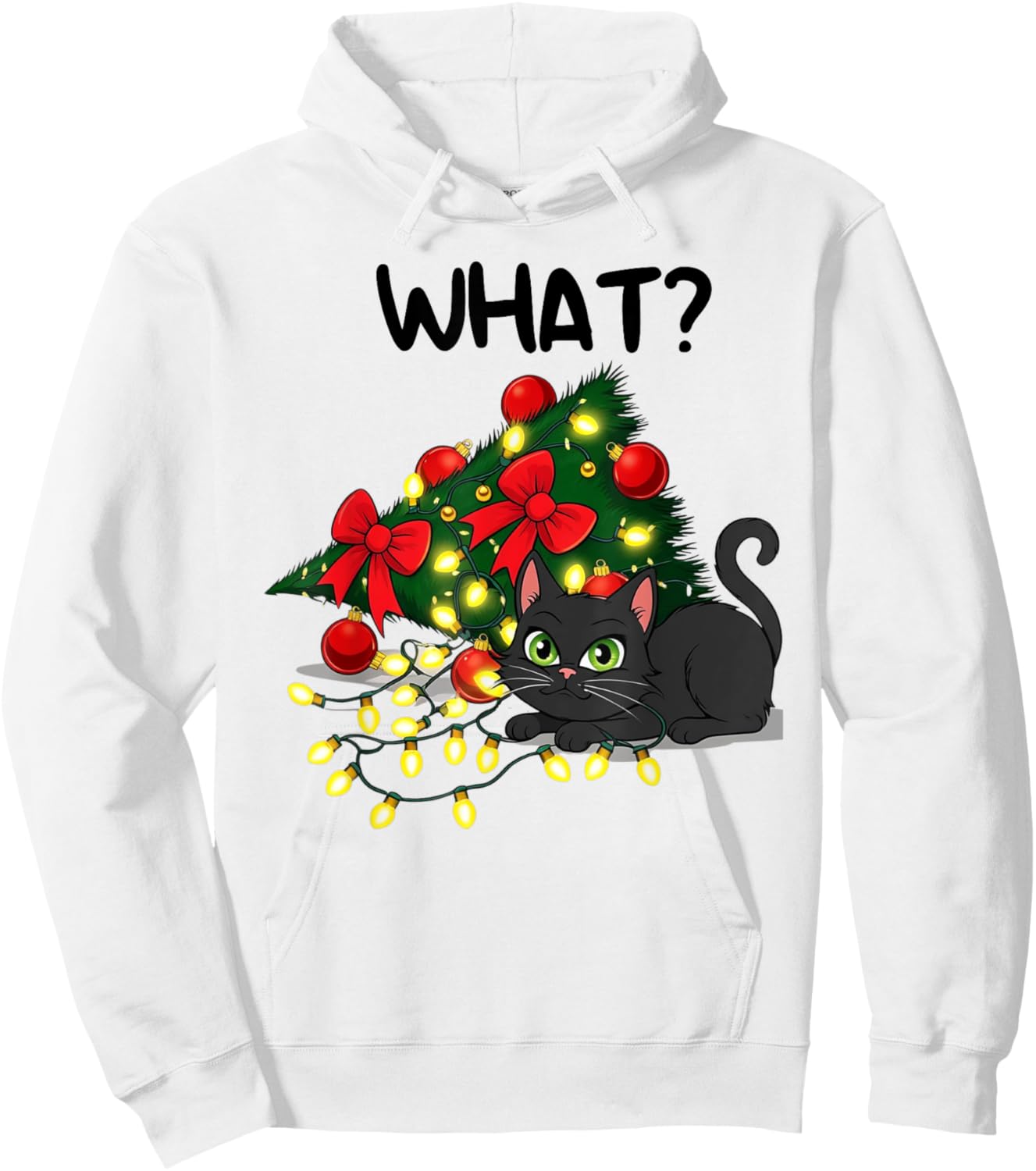 Funny Black Cat Pushing Christmas Tree Over Cat What? Xmas Hoodie - Hoodie | White