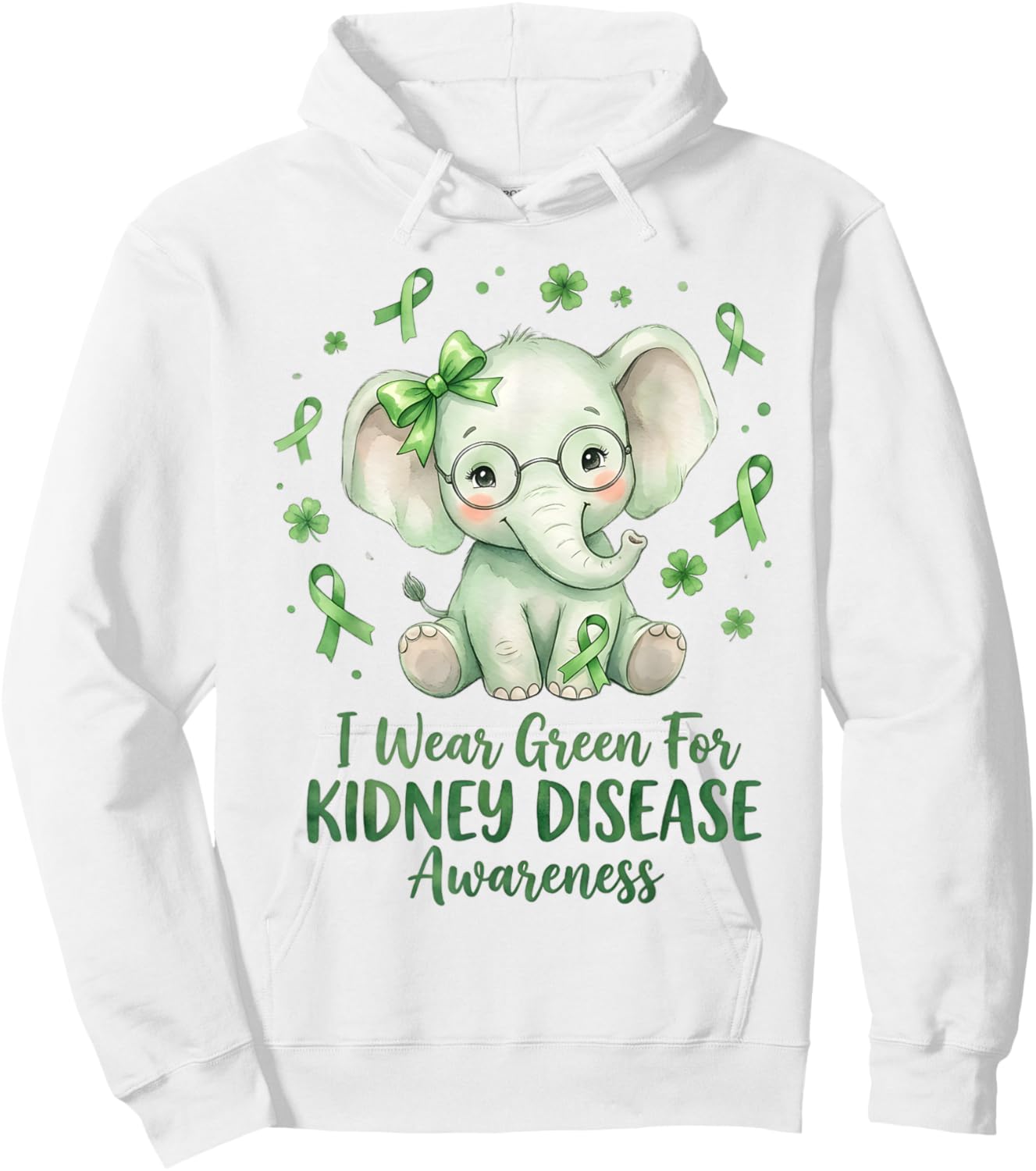 I Wear Green for Kidney Disease Awareness Cute Elephant T-Shirt - Hoodie | White