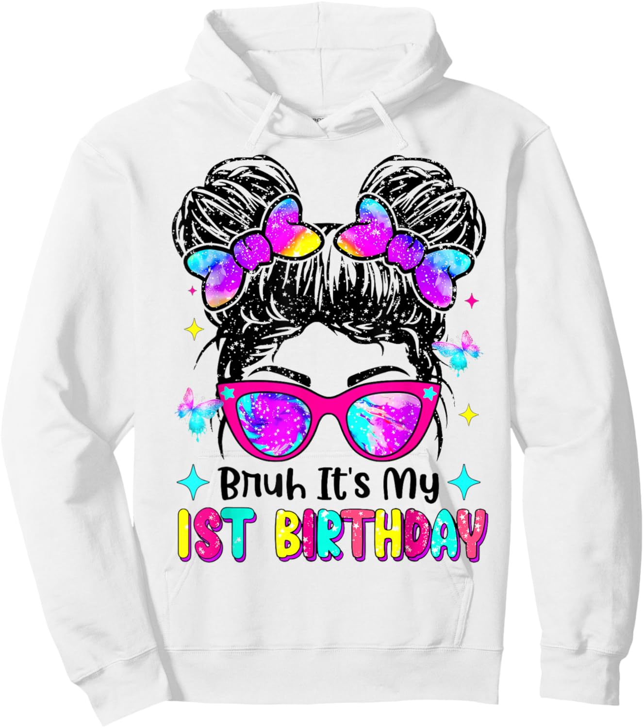 Retro Bruh It's My 1st Birthday Messy Bun Girl Hoodie - Hoodie | White