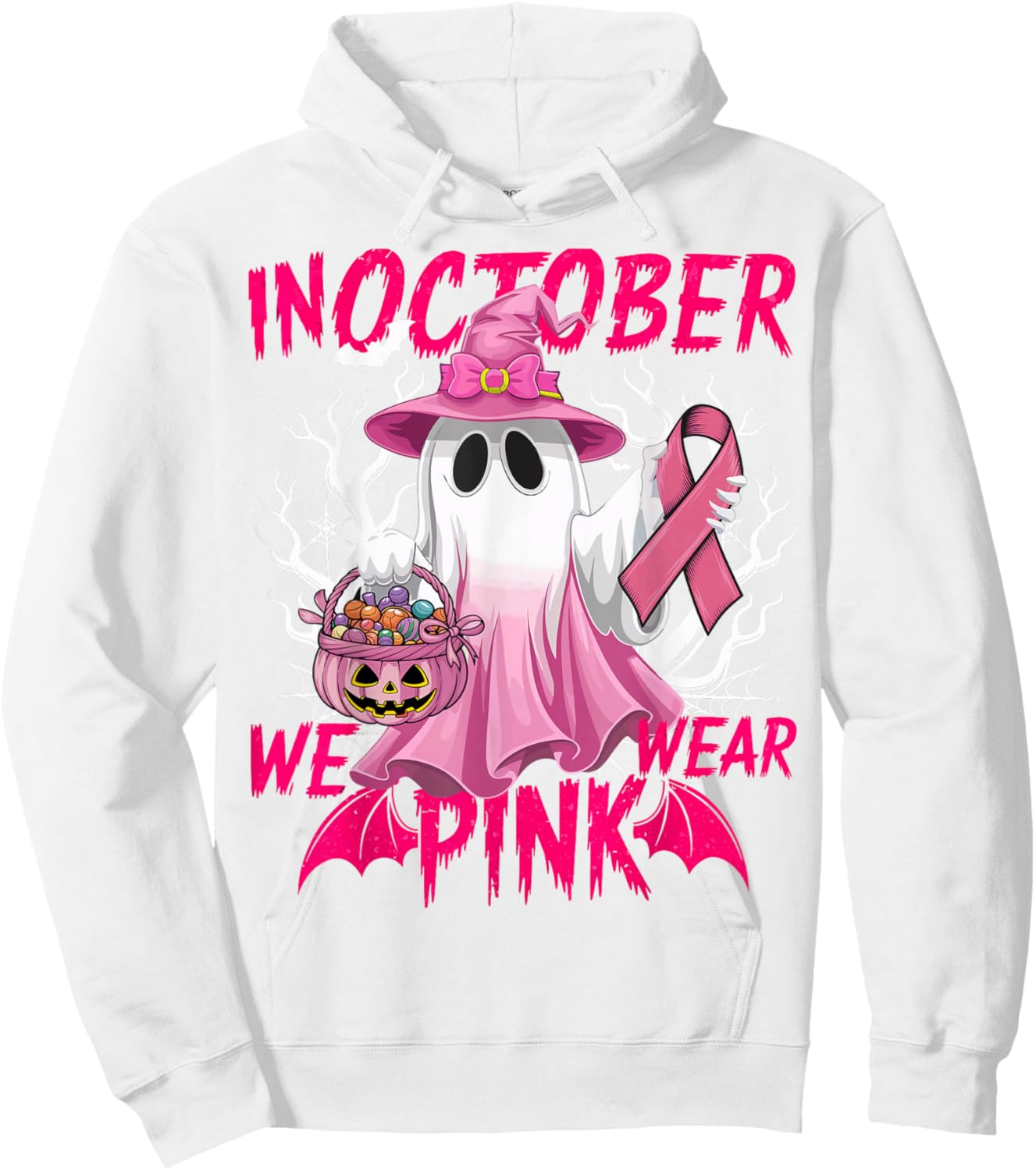 In October We Wear Pink Shirt Breast Cancer Awareness Ghost Hoodie - Hoodie | White