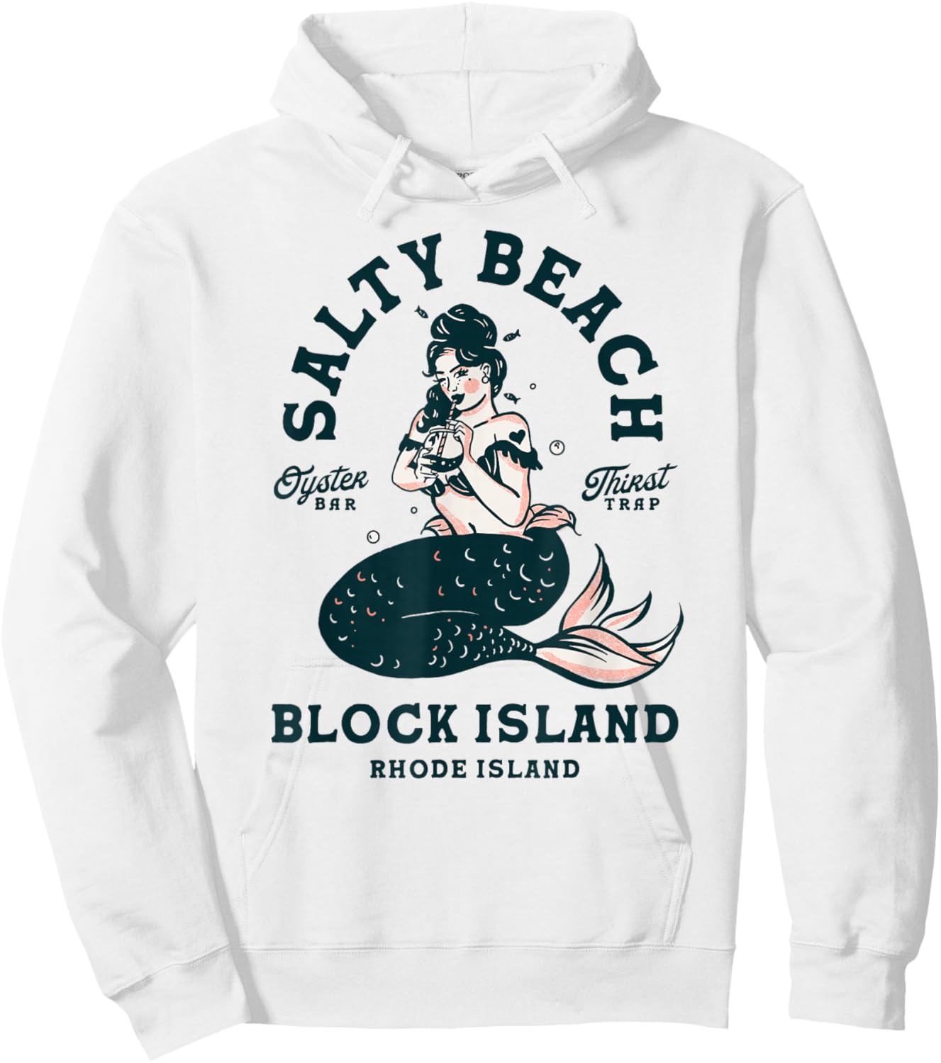 Block Island Rhode Island Oyster Bar: Pin Up Mermaid Seafood Hoodie - Hoodie | White