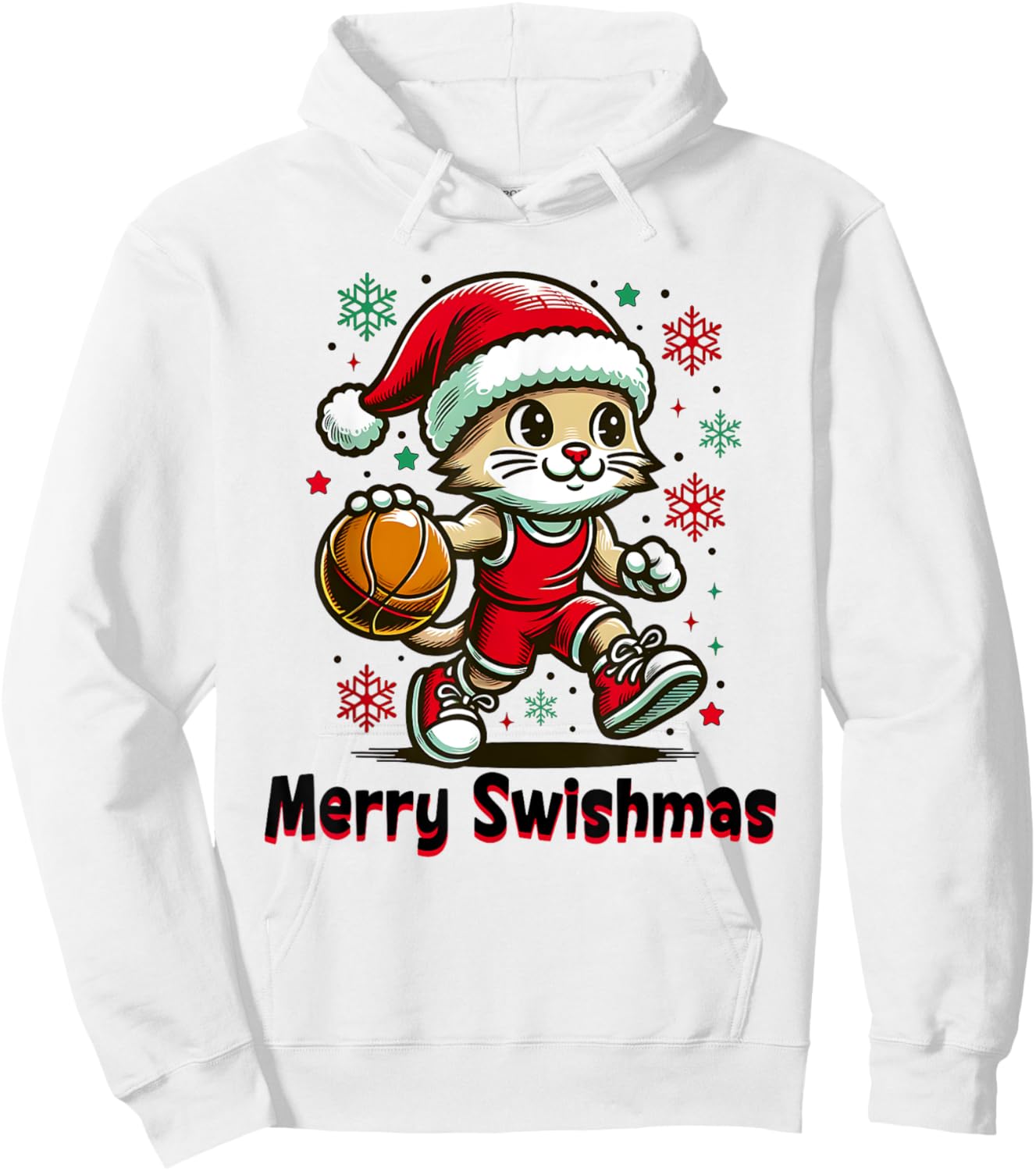 Christmas Basketball Merry Swishmas Funny Cat and Sports Hoodie - Hoodie | White