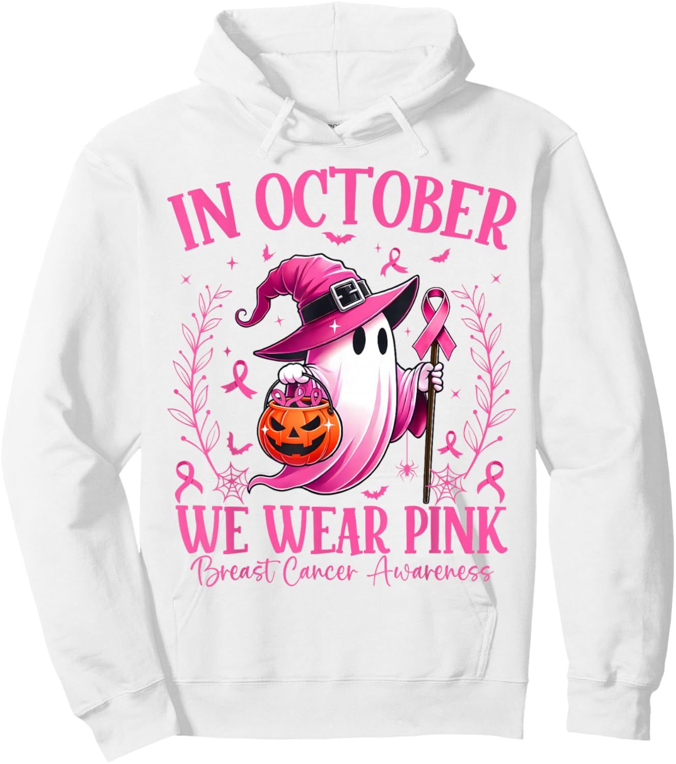 In October We Wear Pink Breast Cancer Awareness Halloween Hoodie - Hoodie | White