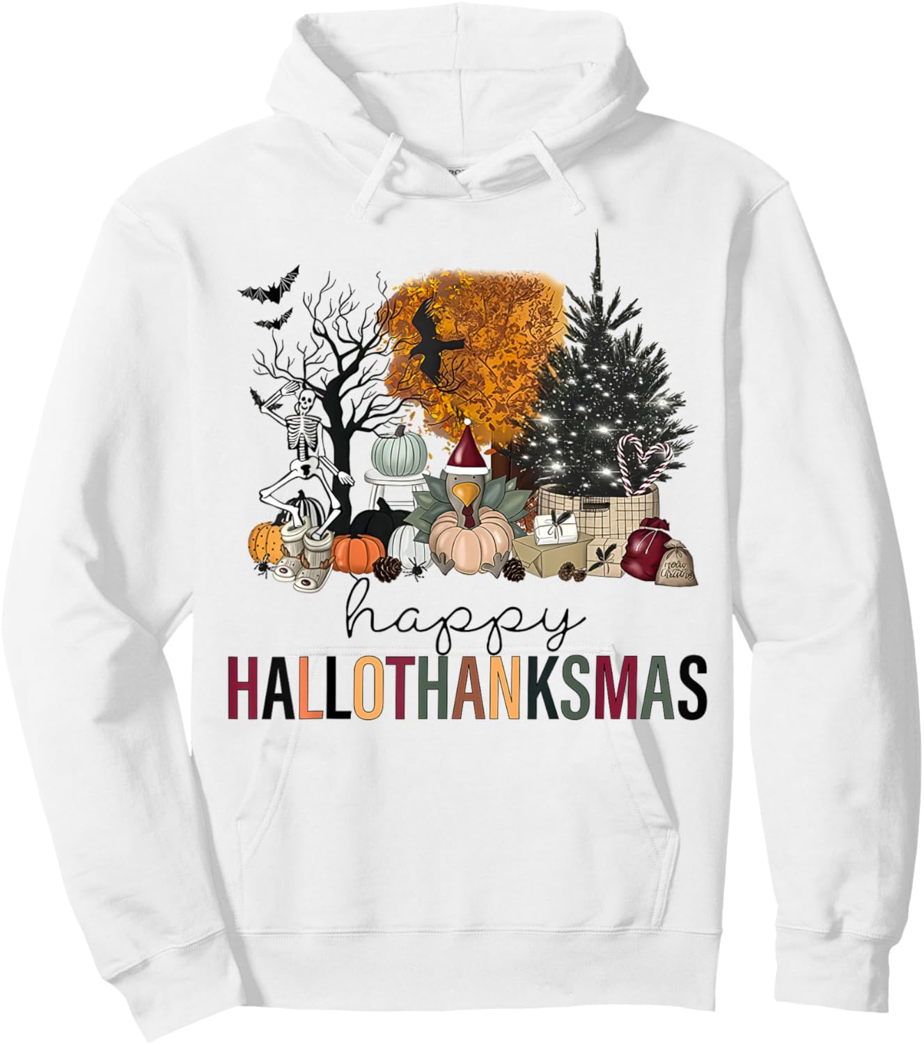 Funny Halloween Thanksgiving Christmas Happy Hallothanksmas Hoodie - Hoodie | White