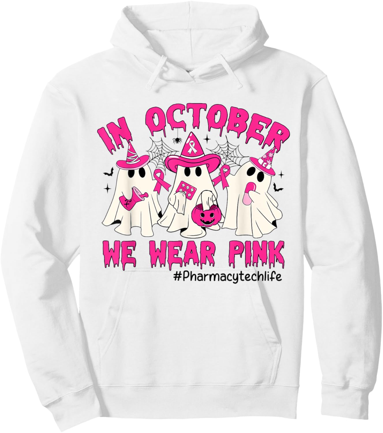 In October We Wear Pink Pharmacy Tech Life Breast Cancer Hoodie - Hoodie | White