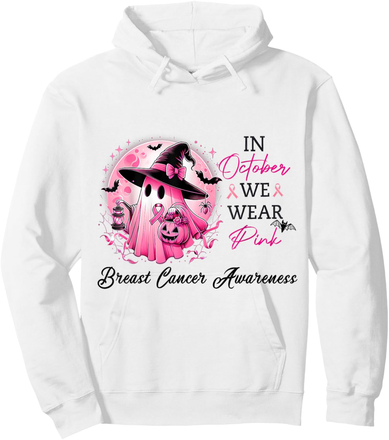 In October We Wear Pink Cute Ghost Breast Cancer Awareness Hoodie - Hoodie | White