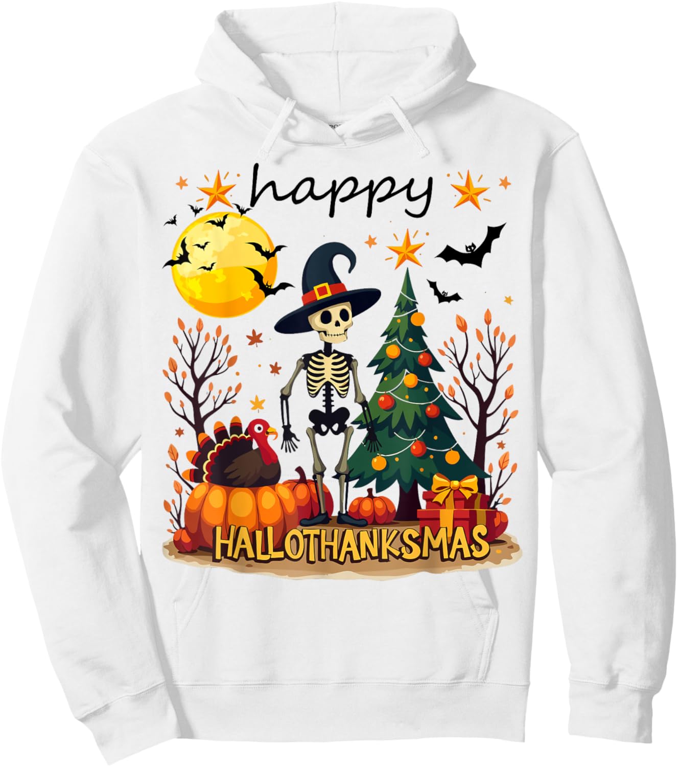 Happy Hallothanksmas Funny Halloween Christmas Hoodie - Hoodie | White