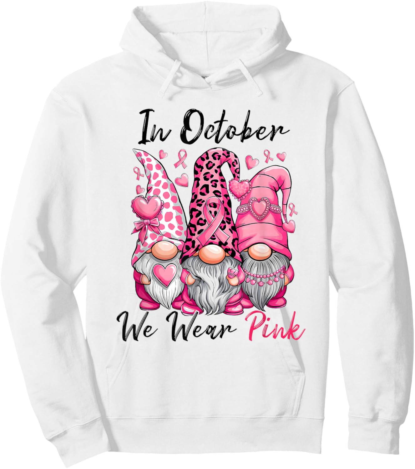 In October We Wear Pink Cute Gnomes Breast Cancer Awareness Hoodie - Hoodie | White
