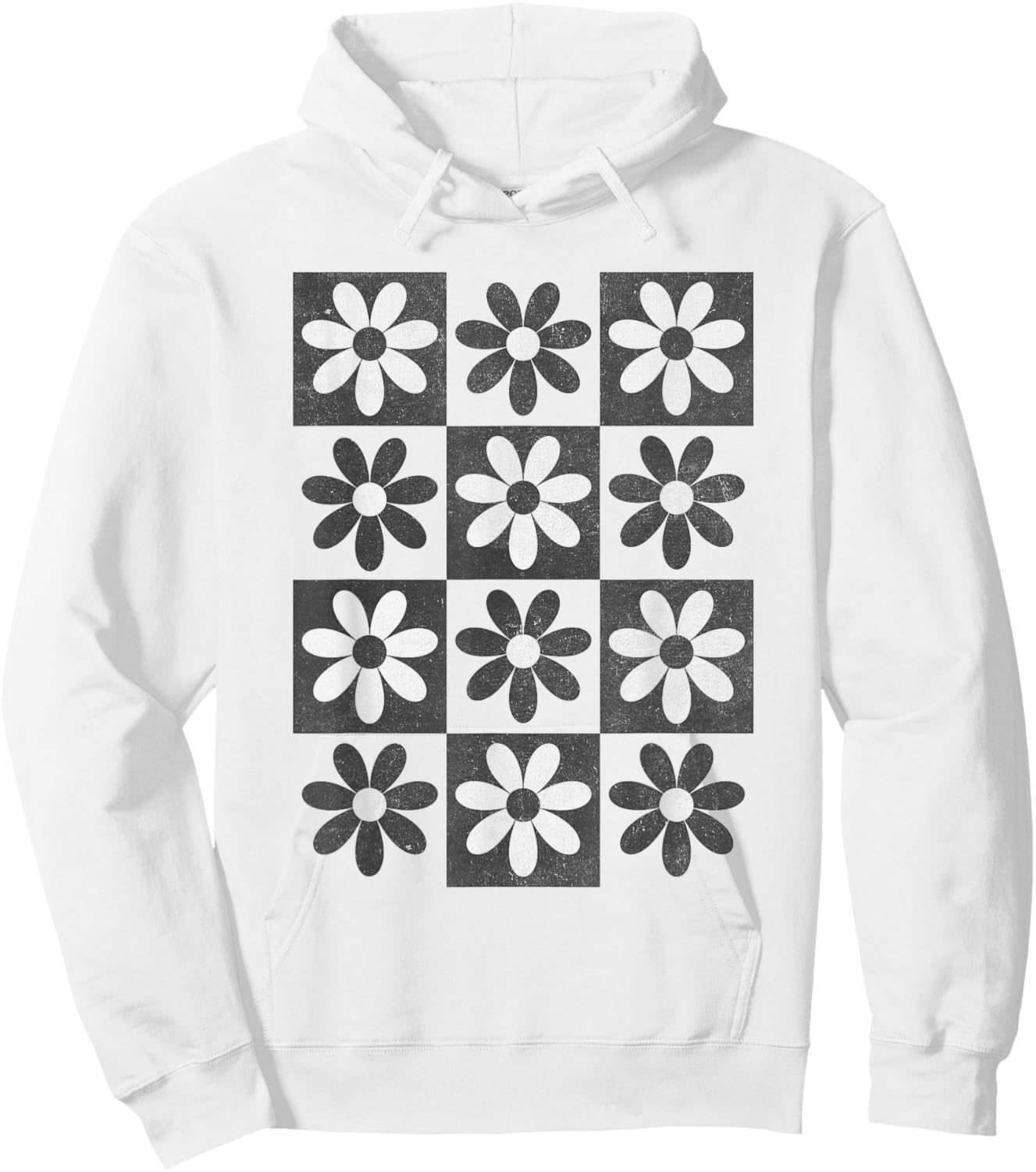 Retro Checkerboard Checkered Boho Flowers Floral Hoodie - Hoodie | White