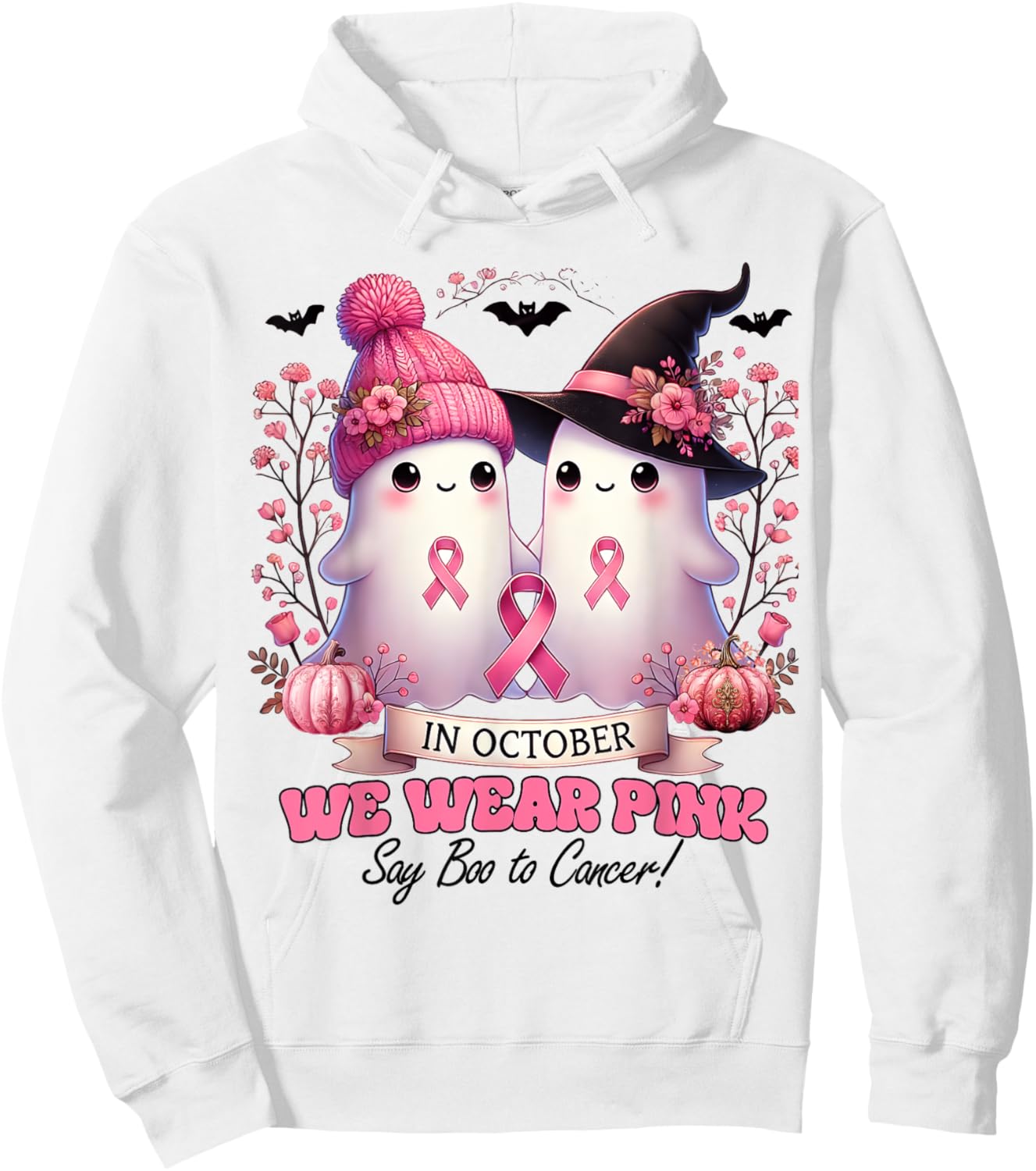 In October We Wear Pink Witch Ghost Pumpkin Breast Cancer Hoodie - Hoodie | White