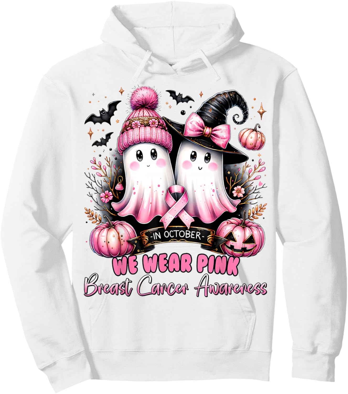 In October We Wear Pink Ghost Witch Breast Cancer Awareness Hoodie - Hoodie | White