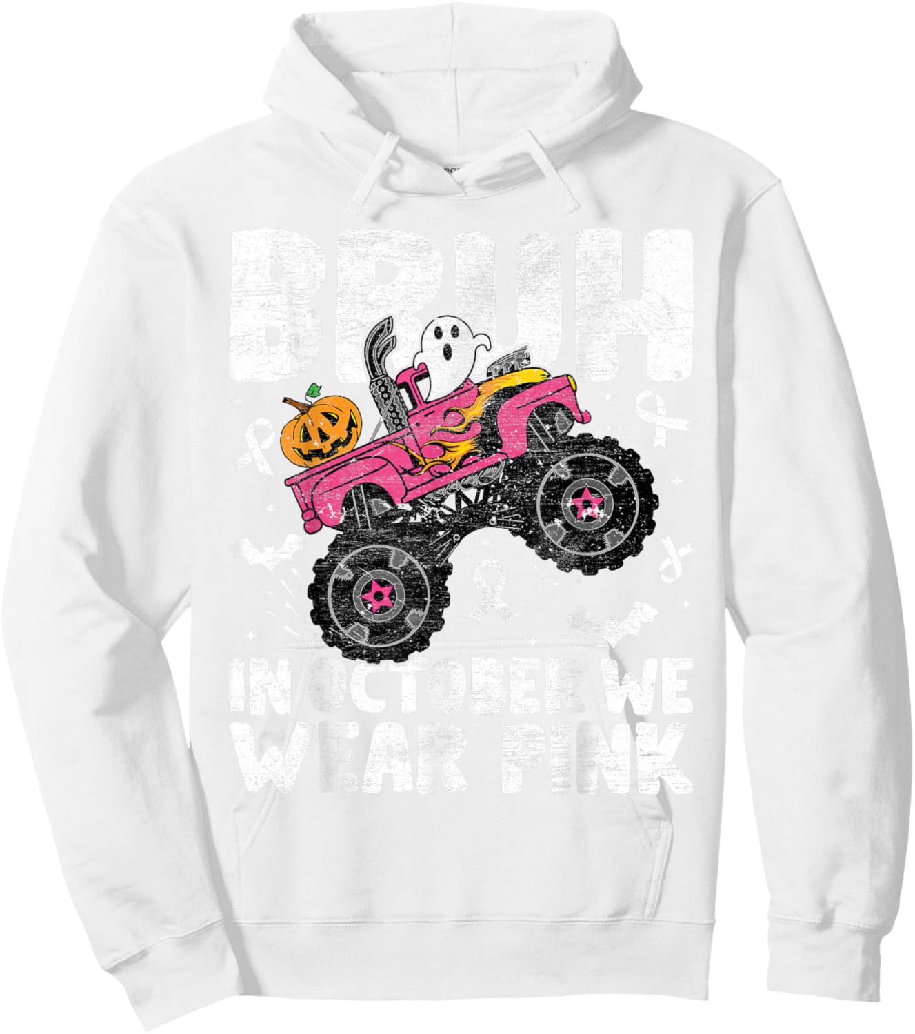 Bruh In October Wear Pink Breast Cancer Halloween Kids Boys Hoodie - Hoodie | White