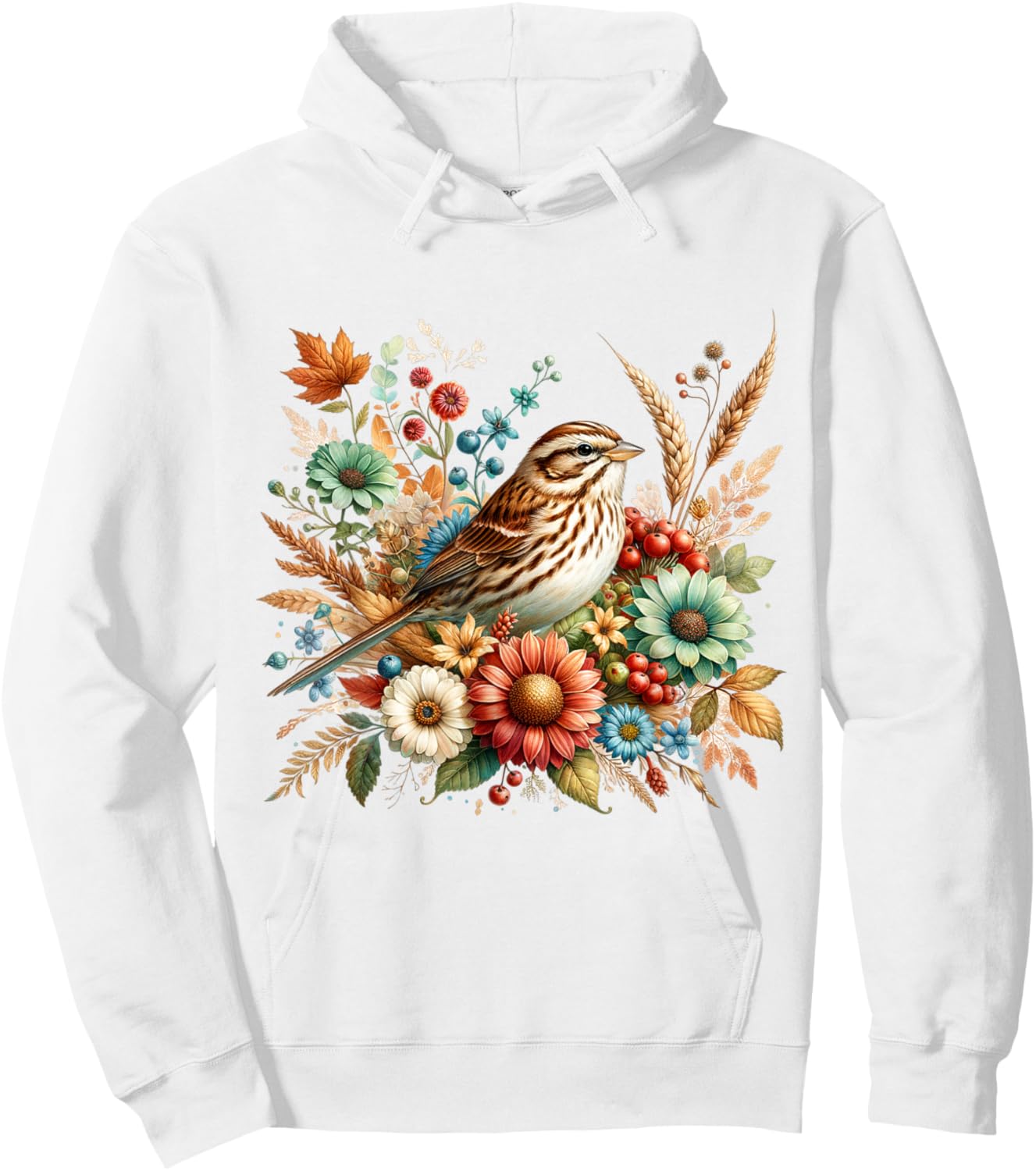 Song Sparrow Vintage Floral Autumn Bird Hoodie - Hoodie | White