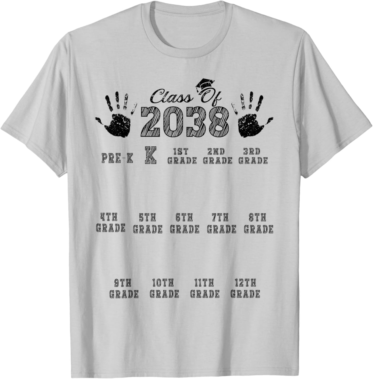 Class Of 2038 Grow With Me Handprint Kindergarten Pre-k T-Shirt - T-Shirt | Ash