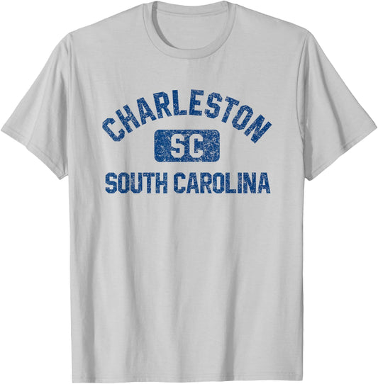 Charleston SC Gym Style Distressed Dark Blue Print T-Shirt - T-Shirt | Ash