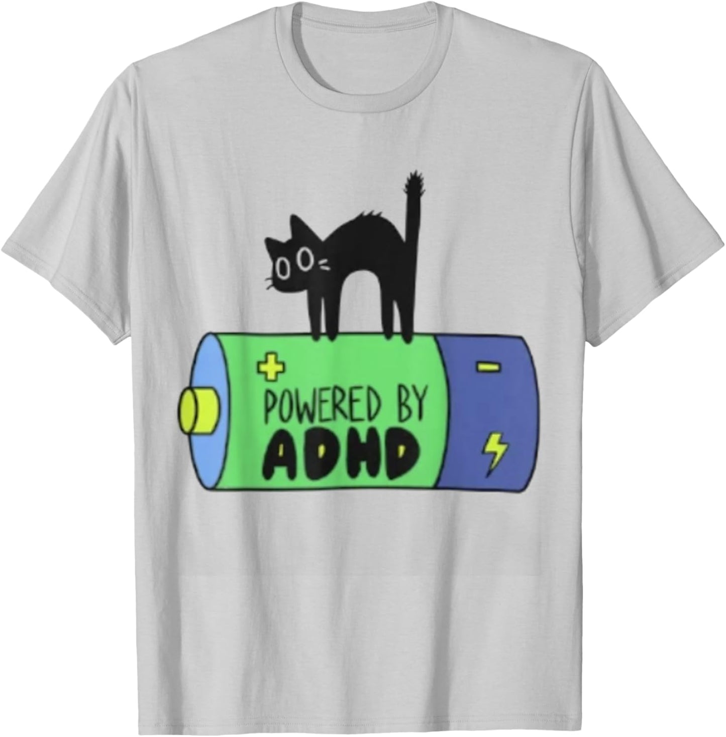 Powered By ADHD Cat Funny T-Shirt - T-Shirt | Ash