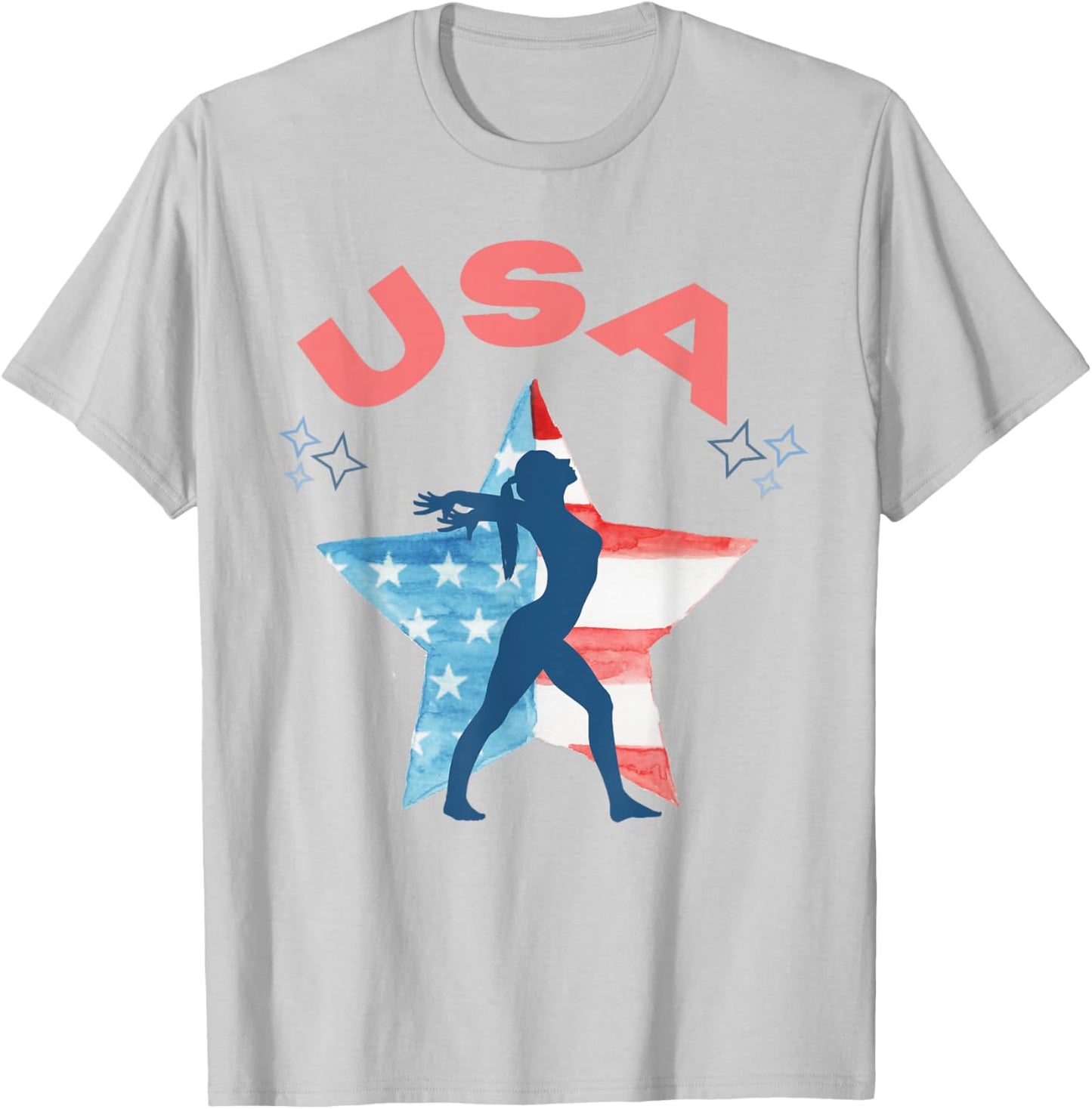 Girls Gymnastics American Flag Star Patriotic USA Gymnast T-Shirt - T-Shirt | Ash