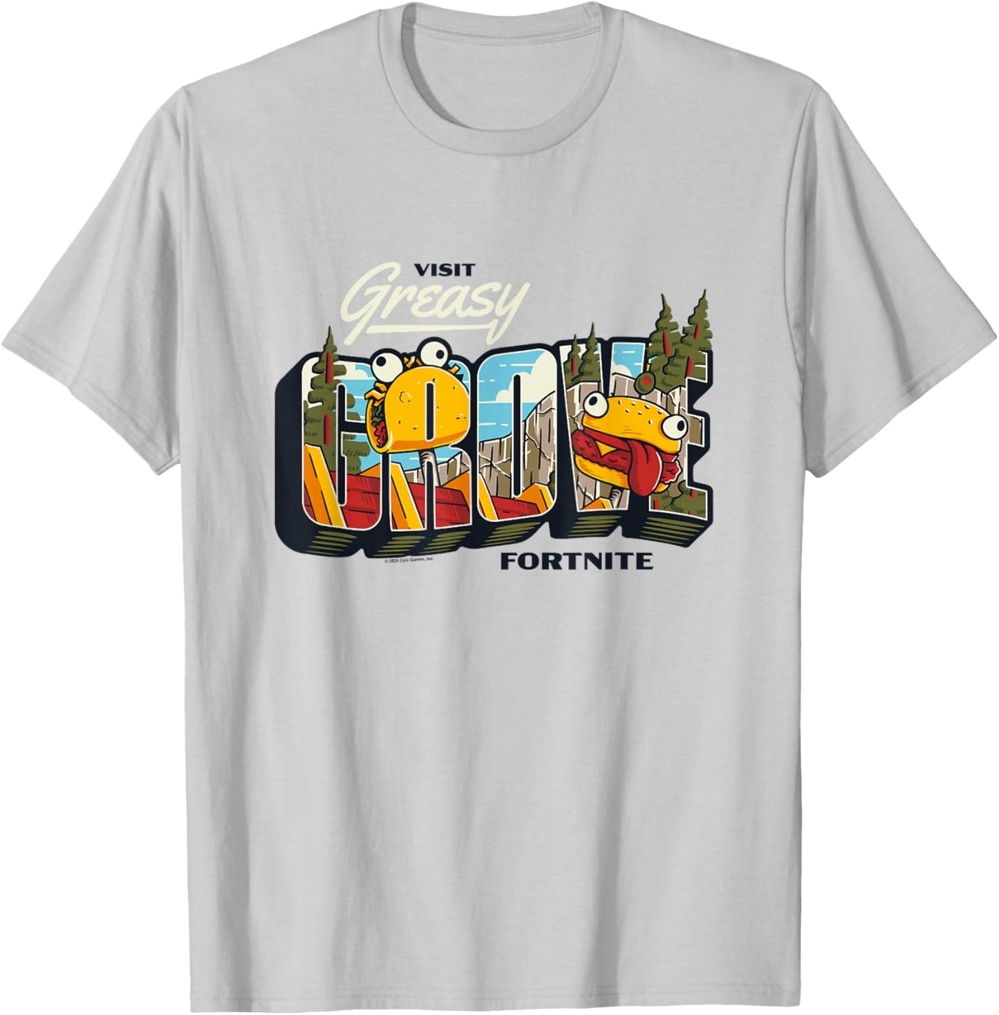 Fortnite Visit Greasy Grove Burr Burger Big Chest Poster T-Shirt - T-Shirt | Ash