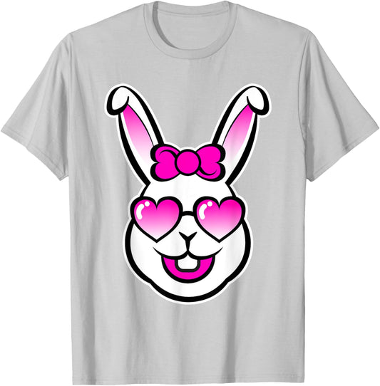 Cute Smiling Bunny Happy Face With Pink Sunglasses And A Bow T-Shirt - T-Shirt | Ash