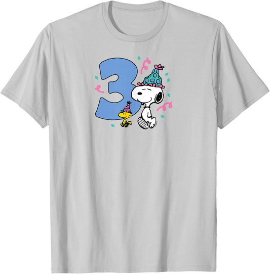 Peanuts - Snoopy and Woodstock 3rd Birthday Party T-Shirt - T-Shirt | Ash