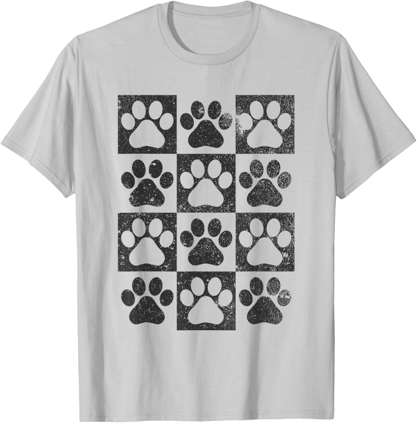 Retro Checkerboard Checkered Dog Paw Puppy Lover T-Shirt - T-Shirt | Ash