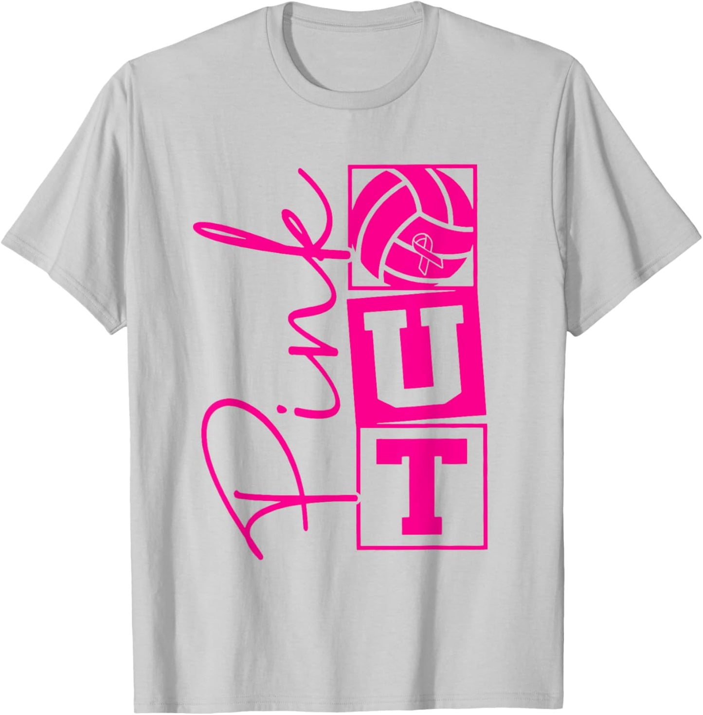 Volleyball Pink Out Breast Cancer Awareness Pink Ribbon T-Shirt - T-Shirt | Ash