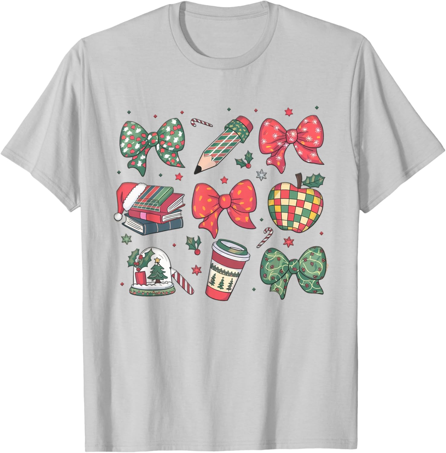 Coquette Bow Teacher Christmas Elementary School Xmas Winter T-Shirt - T-Shirt | Ash