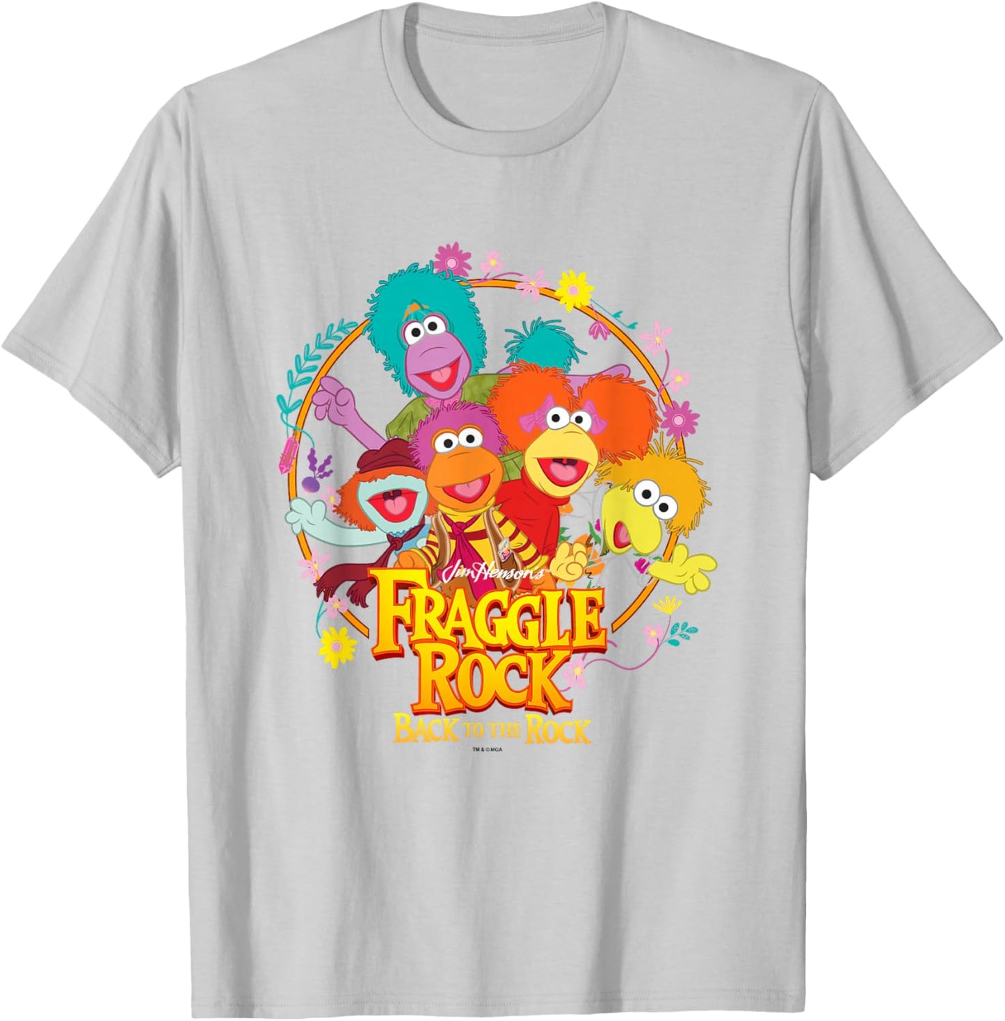 Fraggle Rock Back to The Rock Group Shot Floral Chest Frame T-Shirt - T-Shirt | Ash