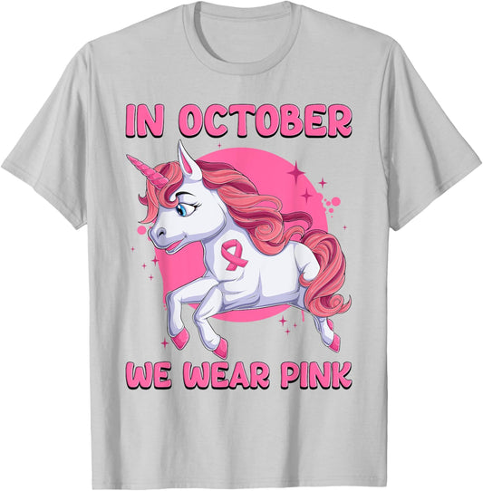 In October We Wear Pink Unicorn Breast Cancer Awareness T-Shirt - T-Shirt | Ash
