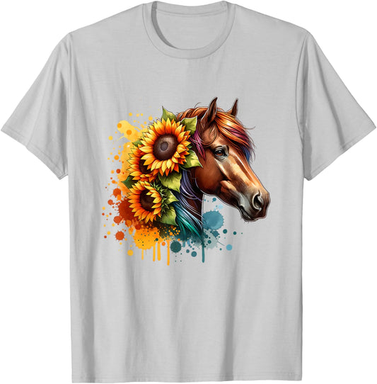 Unique Horse Gifts for Horse Lovers Women's Kids Horse Themed Multicolor Floral Lover Round Neck Short Sleeve Small T-Shirt - T-Shirt | Ash