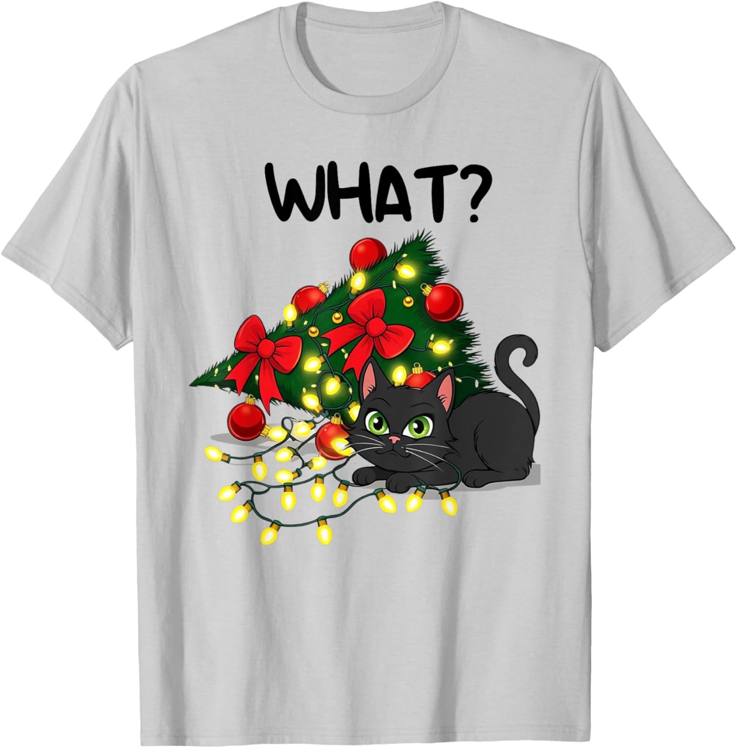 Funny Black Cat Pushing Christmas Tree Over Cat What? Xmas T-Shirt - T-Shirt | Ash