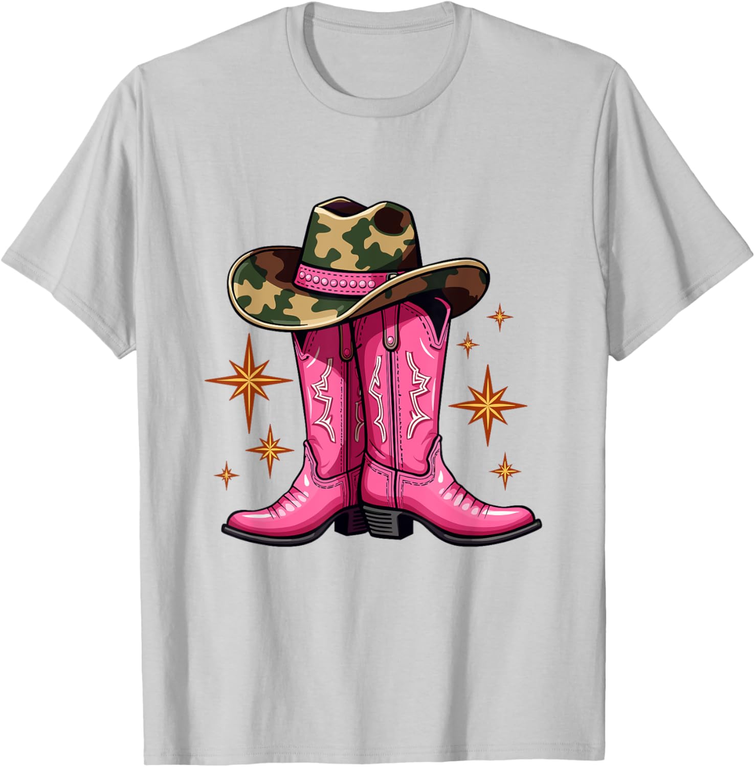 Pink Cowboy Boots & Camo Hat Country Western T-Shirt - T-Shirt | Ash