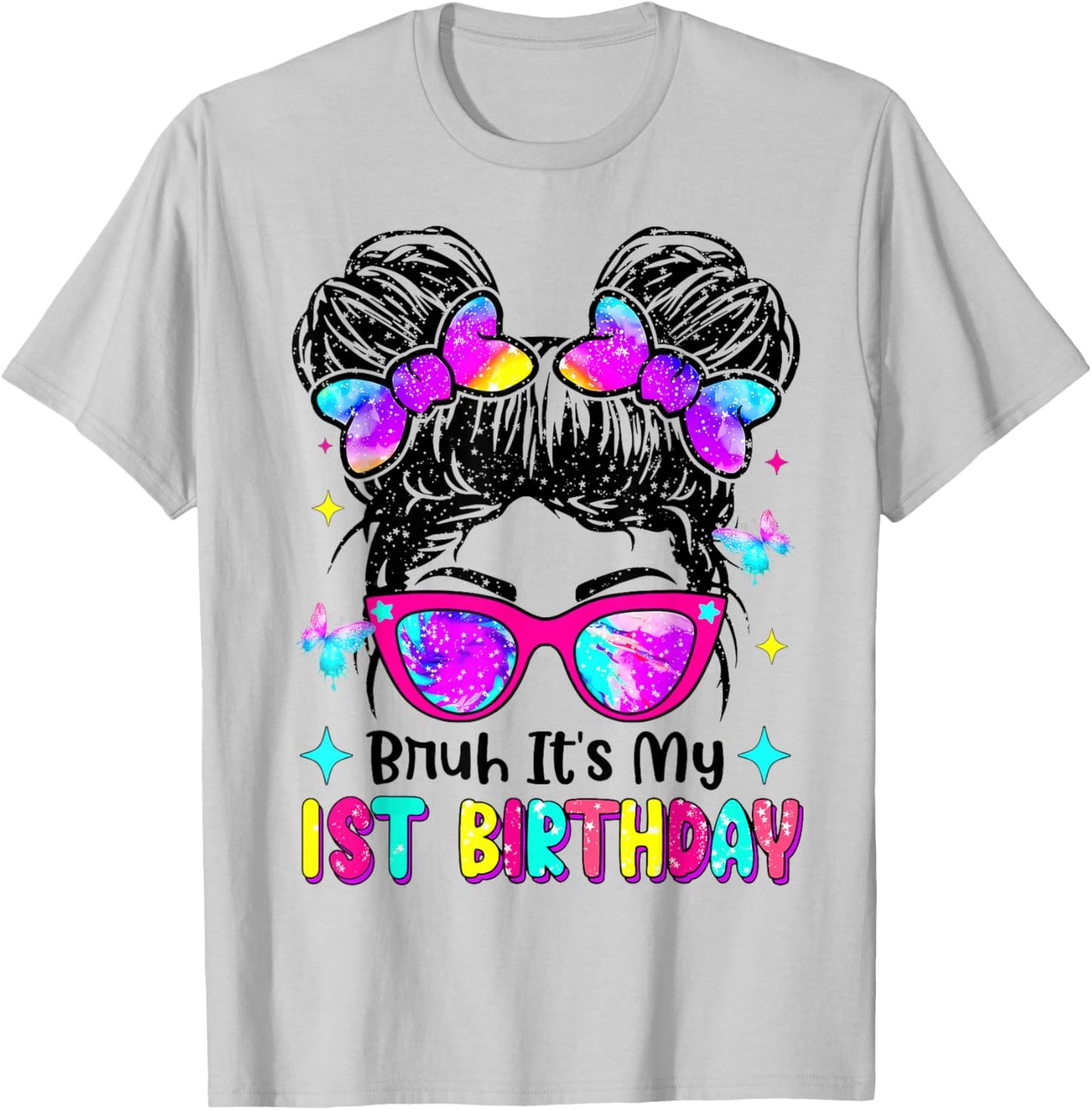 Retro Bruh It's My 1st Birthday Messy Bun Girl T-Shirt - T-Shirt | Ash