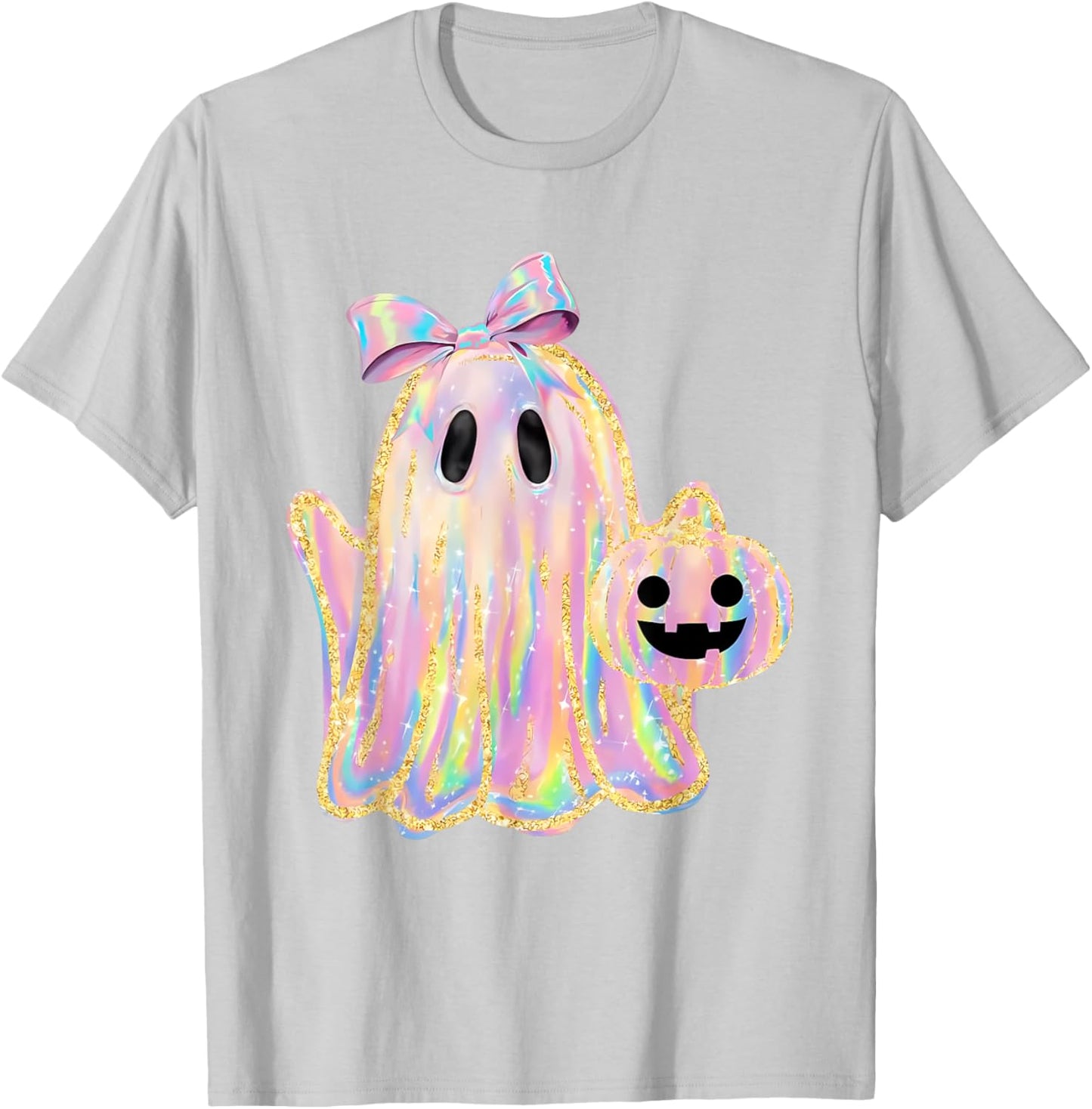 Disco Ghost Pumpkin Halloween Girly Coquette Bow T-Shirt - T-Shirt | Ash