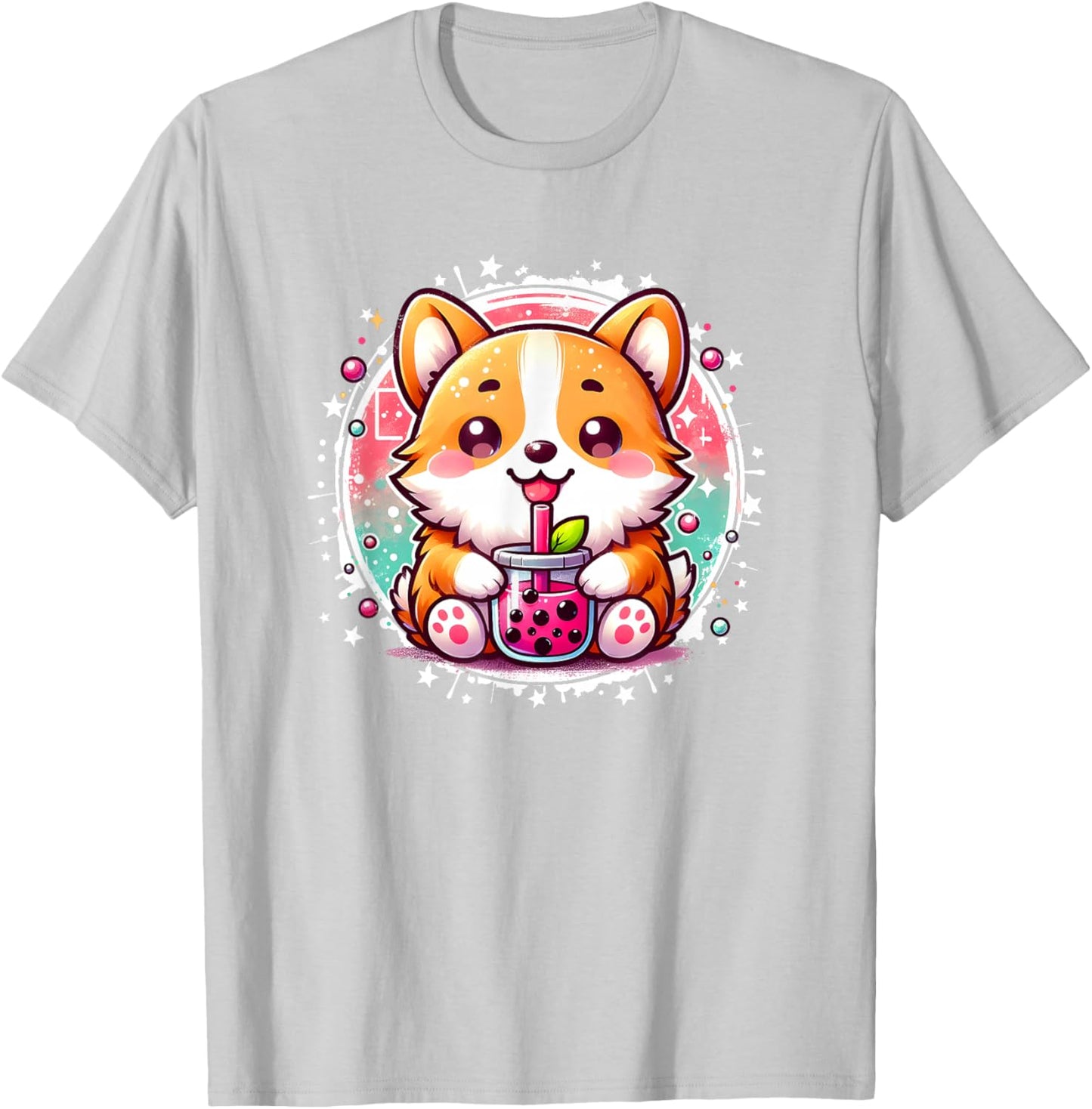 Cute Kawaii Stuff Corgi Dog Drinks Boba Bubble Tea Anime - Pink, Small, , Short Sleeve, Anime Themed Corgi Dog T-Shirt - T-Shirt | Ash