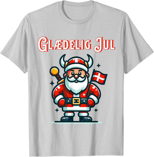 Glædelig Jul Denmark Danish Flag Christmas Viking Santa T-Shirt - T-Shirt | Ash