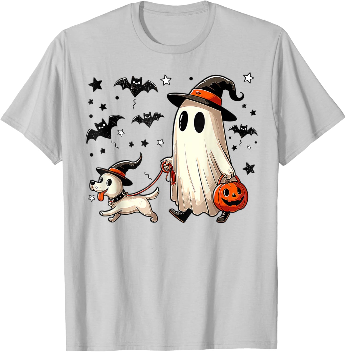 Ghost Walking Dog Spooky Season Halloween Men Women Kids T-Shirt - T-Shirt | Ash