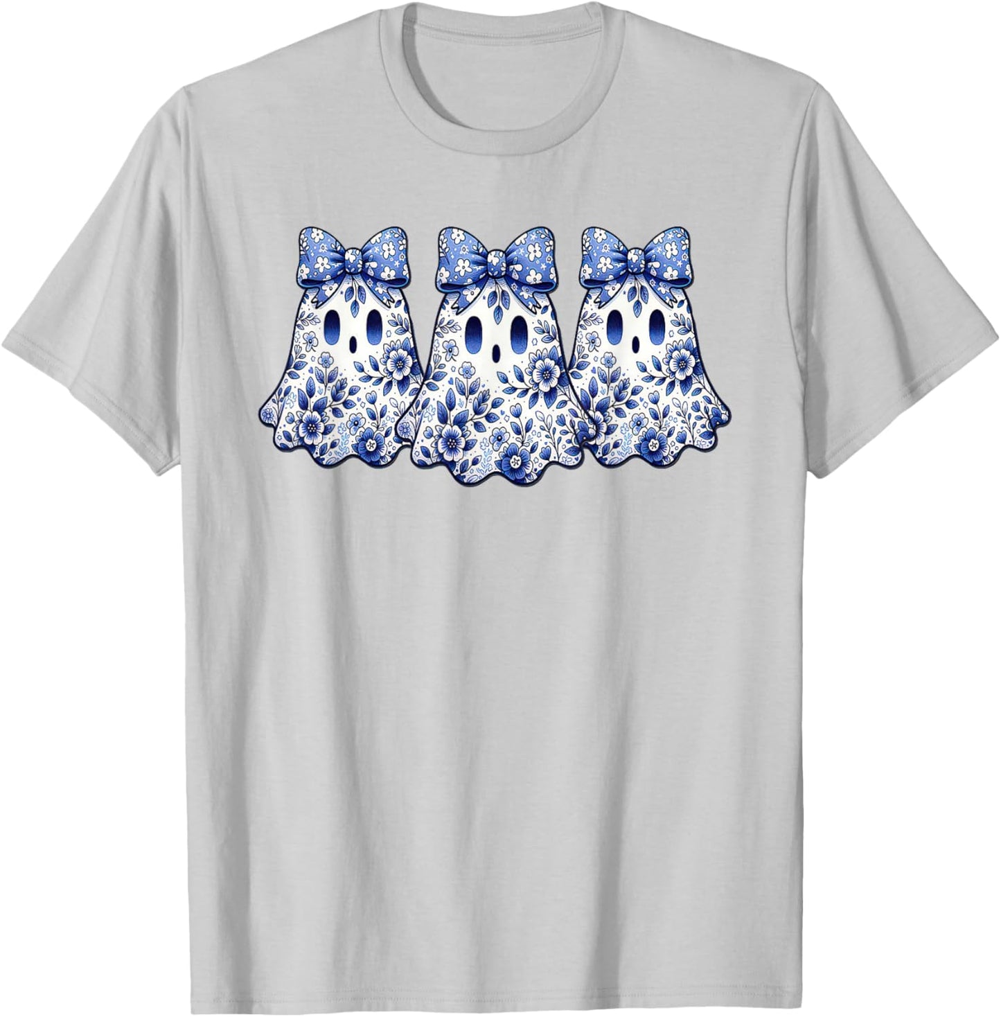 Coquette Toile Ghost Coquette Blue Floral Halloween Ghost T-Shirt - T-Shirt | Ash