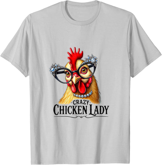 Funny Crazy Chicken Lady Wearing Glasses T-Shirt - T-Shirt | Ash